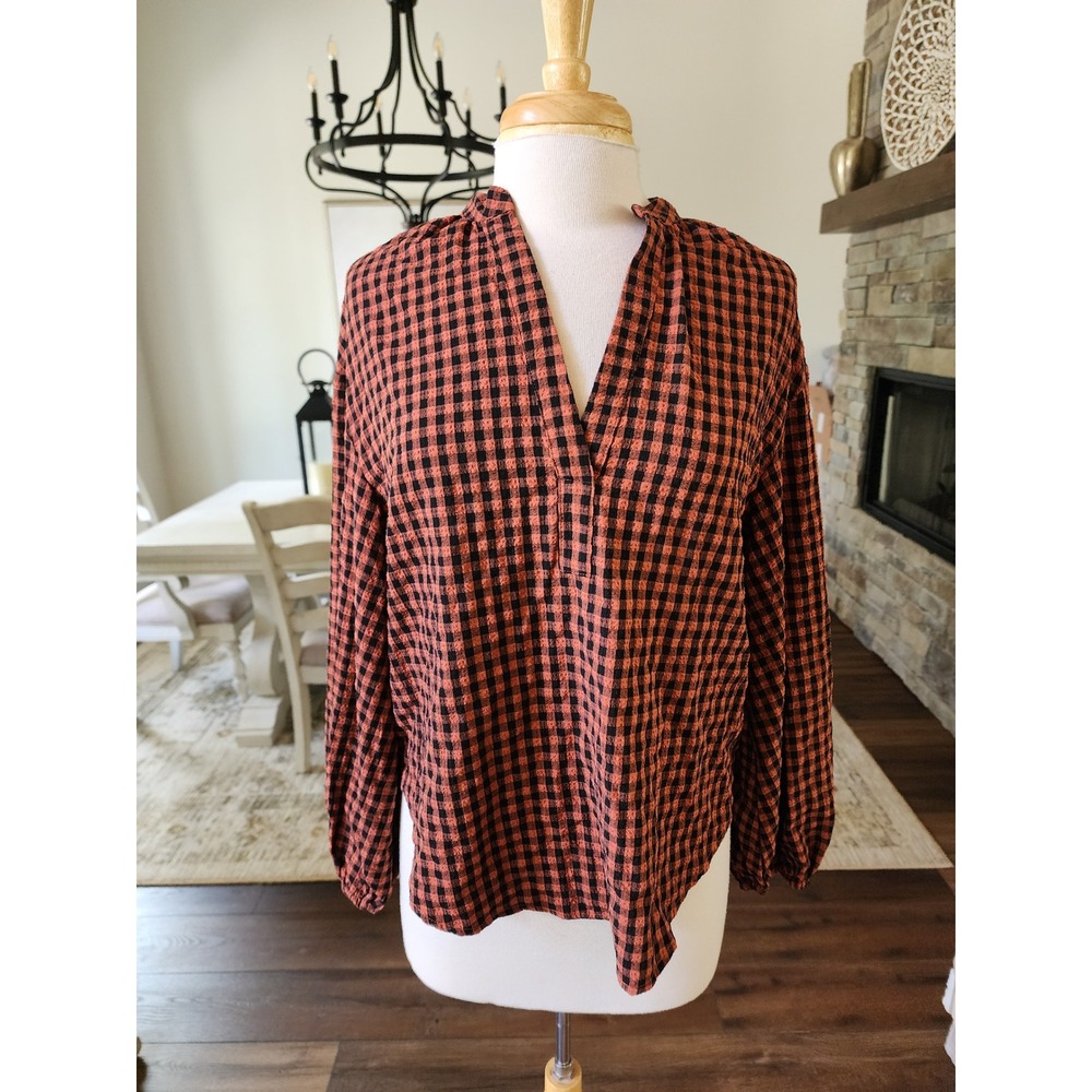 A New Day Womens Small Fall Gingham Seersucker V-Neck Balloon Sleeve Blouse‎